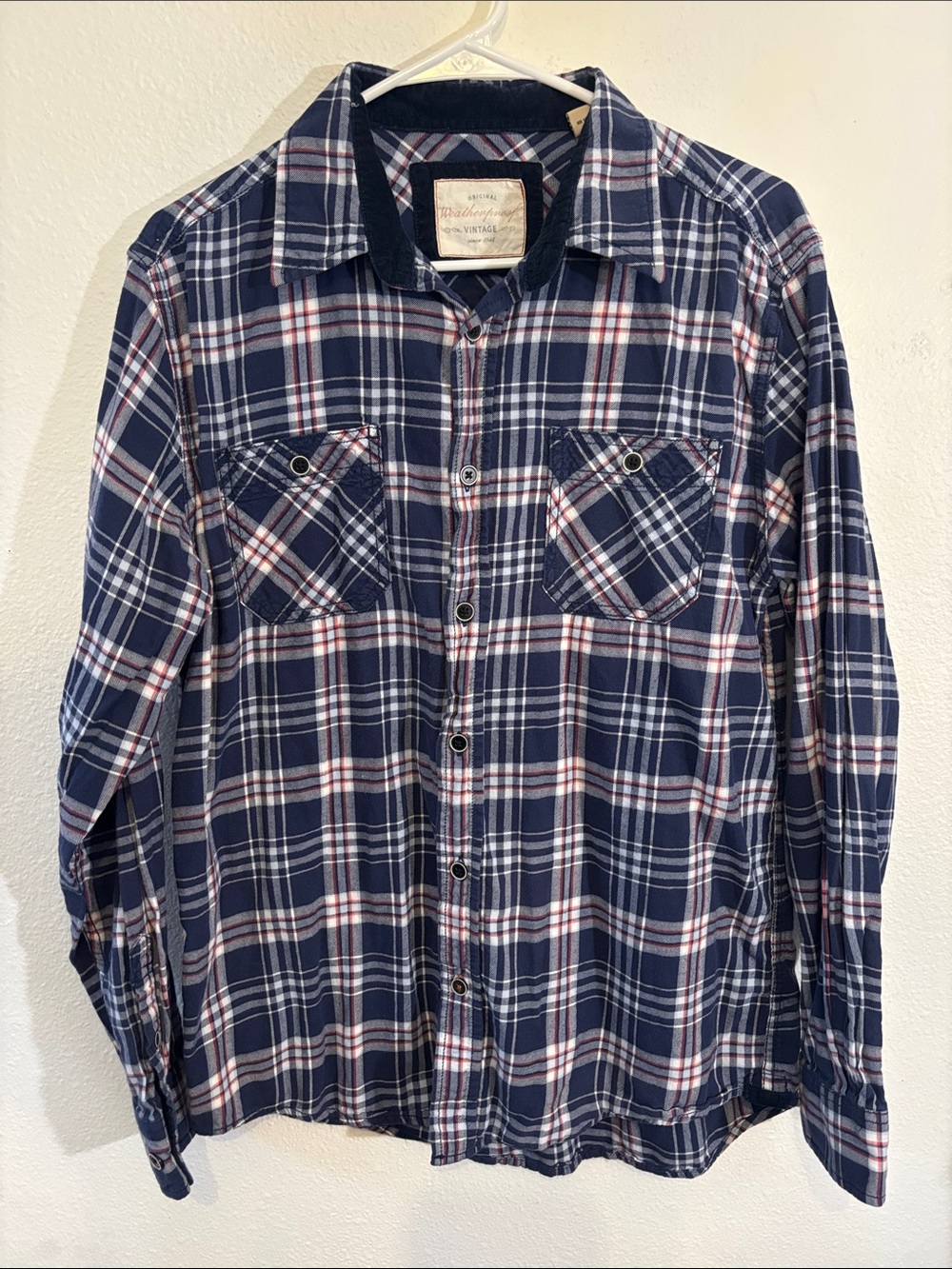 Weatherproof Navy Blue Plaid Button-Down Shirt -650sku